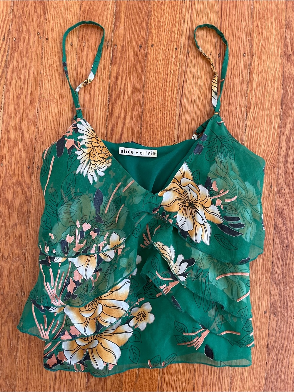 Alice + Olivia Emerald Green Floral Ruffle Camisole silk tank top camisole
